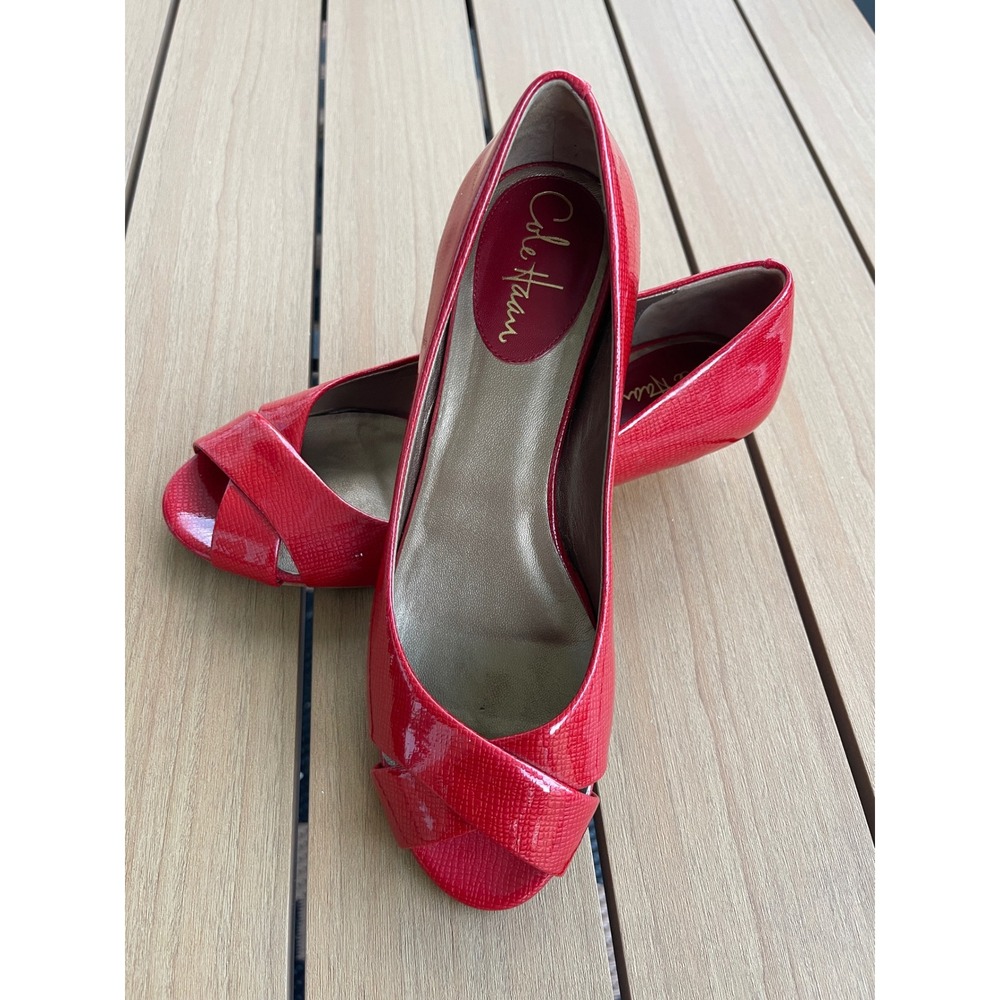 Cole Haan Nike Air Red Patent Leather Peep Toe Low Wedge Heels Size 7.5B